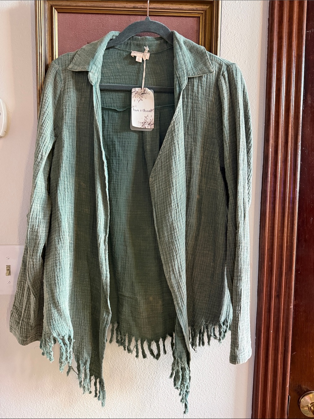 Hem & Thread Open Cotton Muslin Cardigan with Fringe